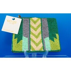 Kay Lee Beaded Green Chevron Seed Bead Canvas Zip Clutch /Makeup Bag 5.62 x4.75"